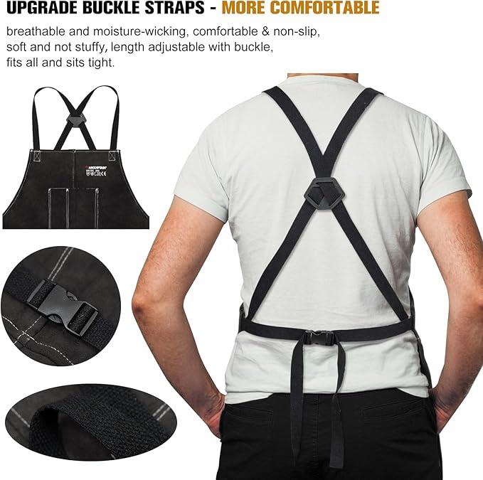ARCCAPTAIN Leather Welding Work Apron 24" X 36" Heat Flame Resistant Cowhide Blacksmith Aprons with 6 Tool Pockets for Welders Men Women, Adjustable M to XXXL-Black