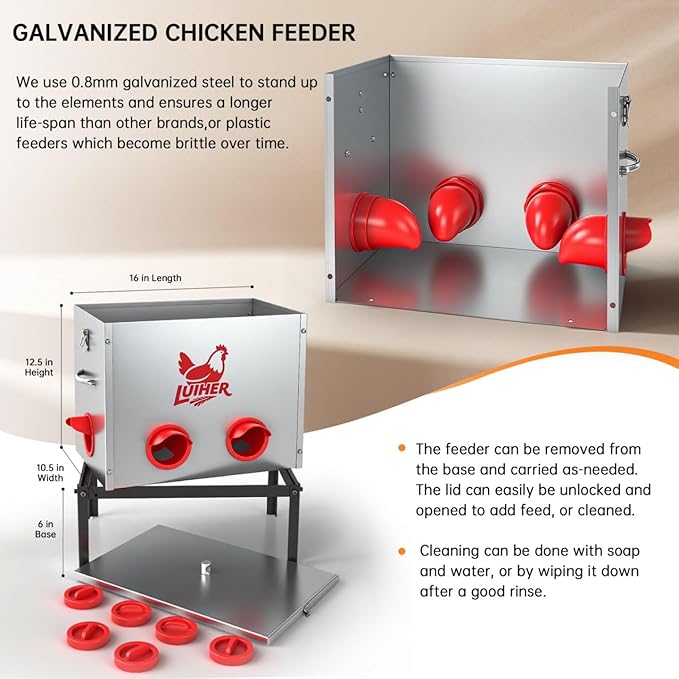 LUIHER Chicken Food Dispenser 40lb 6 Ports Large Capacity Galvanized Metal Poultry Feeder with Legs and Lids - Reduces Refilling Frequency - No Waste Chicken Feeding Equipment for Hen Coop