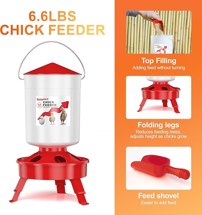 2-in-1 Chick Starter Set: 0.8 Gal Feeder & 0.4 Gal Waterer with Adjustable Legs for Baby Chicks, Includes Scoop, Hanging Hooks, Anti-Drown Design - BPA-Free Plastic (Red)