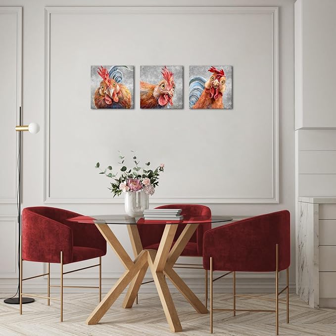 Apicoture Chicken Wall Art Farm Animal Chicken Pictures Kitchen Wall Decor Rooster Wall Art Canvas Prints Framed For Kitchen Dinning Room Living Room Decorations 12"x12"x3 Panels (Gray)