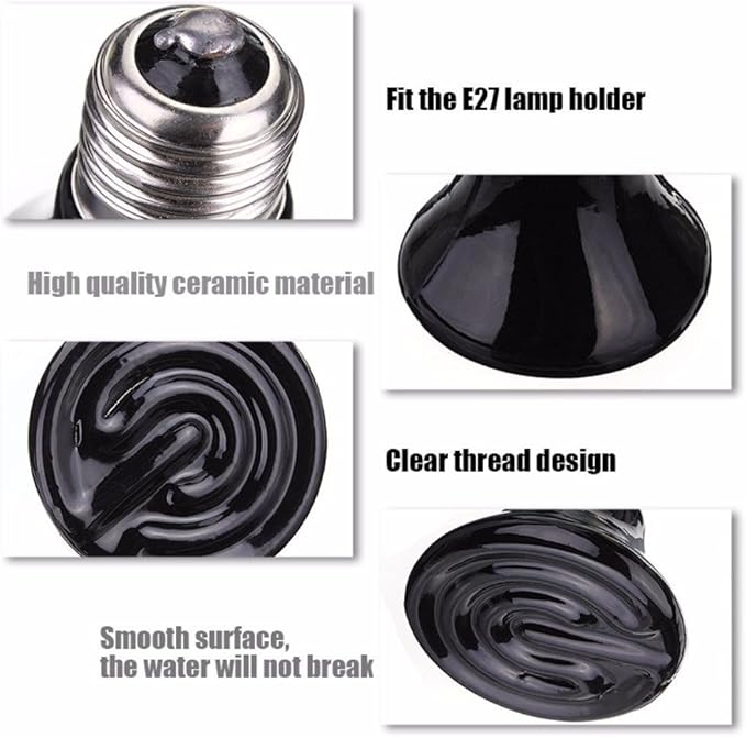 CTKcom 2-Pack 150W 110V Reptile Heat Lamp Ceramic Infrared Heat Emitter Bulb Pet Lamp,No Harm No Light Infrared Heat Emitter Brooder Lamp for Pet Coop Heater Reptile Chicken Turtle Heat Lighting,Black