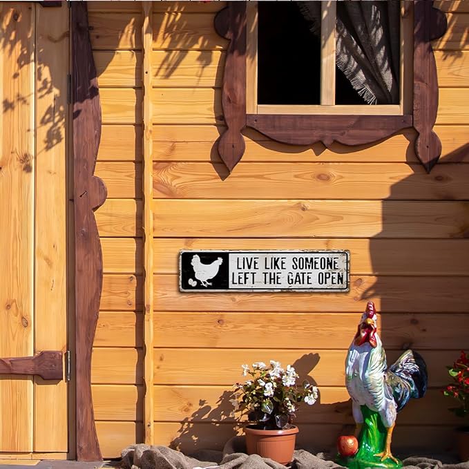 Farm Decor, Live Like Someone Left the Gate Open Sign, 15.8x4 inches, Hens Chicken Decor Signs, Retro Metal Tin Sign for Home Garden Yard Decors, Farmhouse Wall Decoration for Outdoor