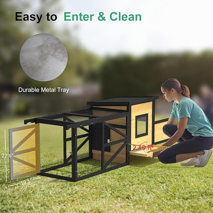 71'' Chicken Coop, Chicken House for Outside, Outdoor Duck Coop, Wooden Mobile Chicken Coops with Run & Waterproof Asphalt Roof, Wheels, Removable Tray and Hanging Chicken Feeder