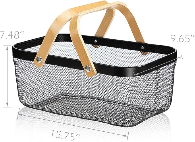 IBWell Square Metal Wire Woven Fruit Storage Bowl Basket with Wooden Handle, Large Black Mesh Fruit Stand, Multi-function Hanging Kitchen Baskets (Black, Extended)