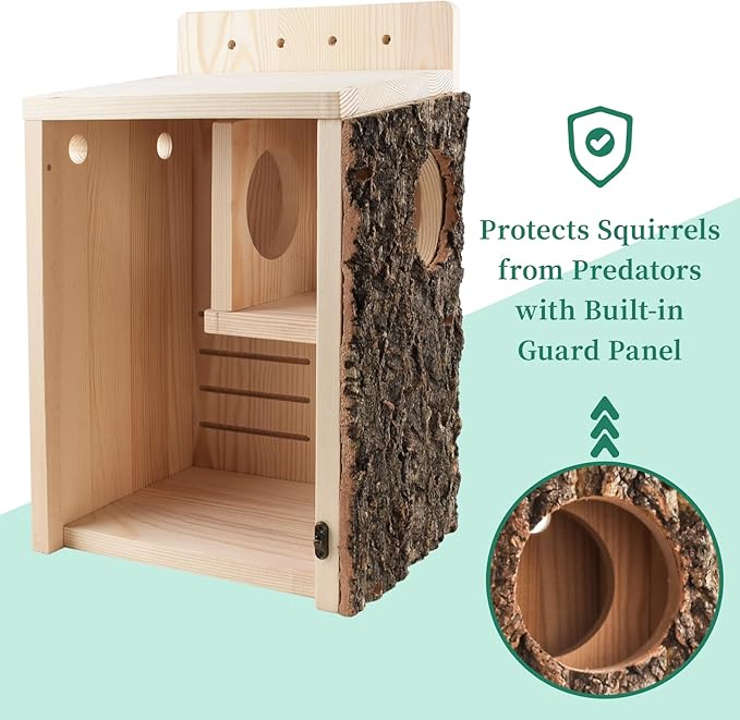 Large Squirrel Nesting Box with Predator Guard - Easy Assembly Squirrel Houses for Outside Nesting, Wooden Nesting Box for Squirrels,Chipmunk,Bird and Small Animals