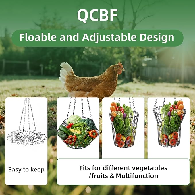 2 PCS Hanging Chicken Feeder Foldable Poultry Vegetable & Fruit Feeder Basket with Adjustable Chain, Durable Iron Wire Chicken Toys for Coop 2 Pack M