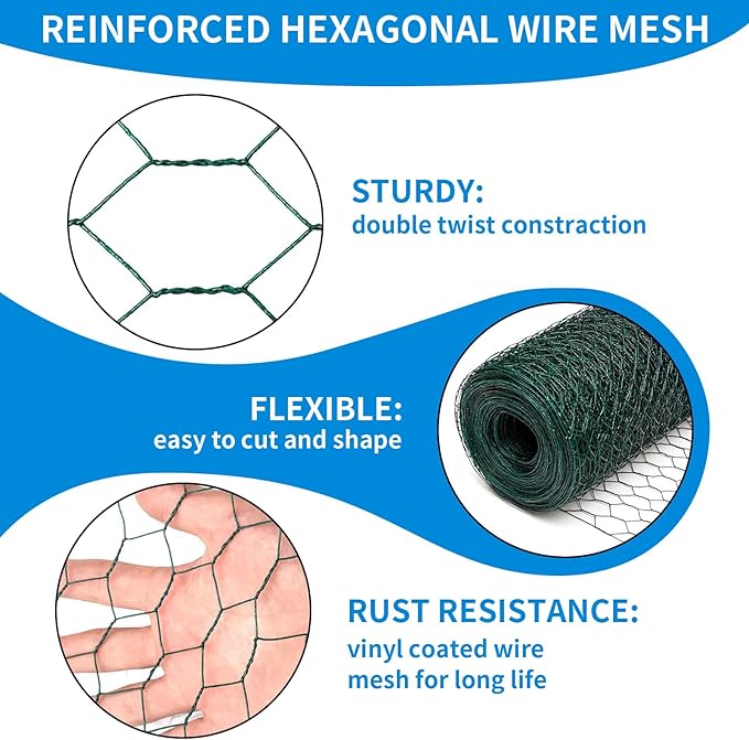 60'' x 150' Green Chicken Wire Fencing, 1 inch Chicken Wire and 19 Gauge Poultry Netting, Garden Mesh Fence Roll for Floral Arrangements/Crafts/Farm/Livestock/Pet Protection