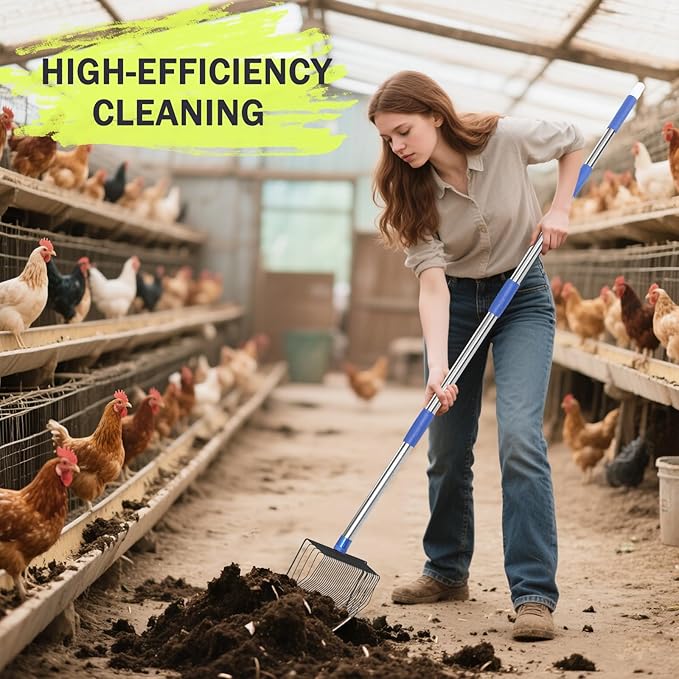 Chicken Poop Scooper,10" Heavy Metal Chicken Poop Scooper, 4-in-1 Multifunctional Litter Sifter with 32" - 75" Adjustable Stainless Steel Handle, Ideal for Chicken Coops, Pet Areas, and Farm Cleanup