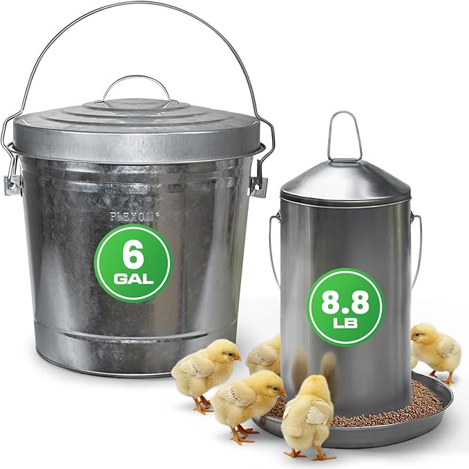 Plexon 8.8 Lb Poultry Feeder Stainless Steel Hanging Chicken Feeder no Waste Food-Grade with 6 Gallon Galvanized Storage Bucket with Locking Lid for Bird Seed Chicken Feed, Bundle
