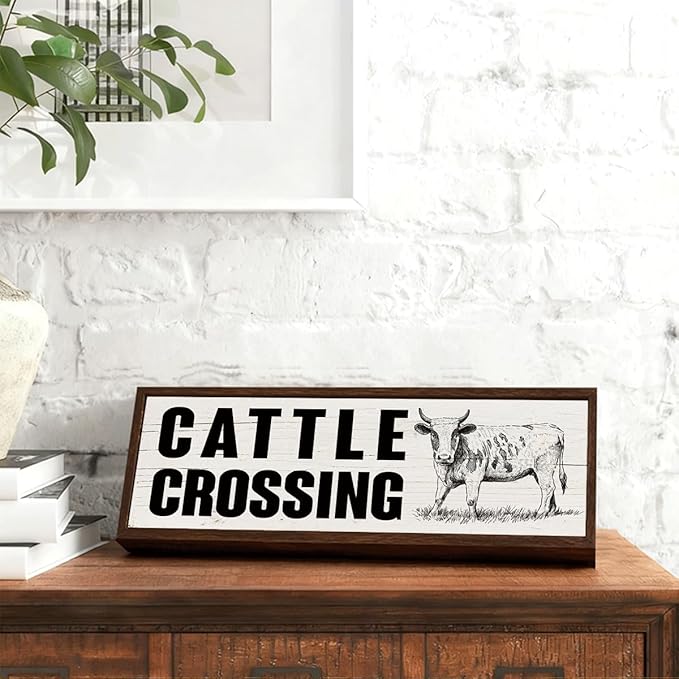 Animal Decor, Cattle Crossing Sign, Tabletop Decors, Rustic Farmhouse Wall Decor Art for Home, Living Room, Office, Entryway, Funny Bar Signs, Porch Decors 9.5x3.1x1 inches