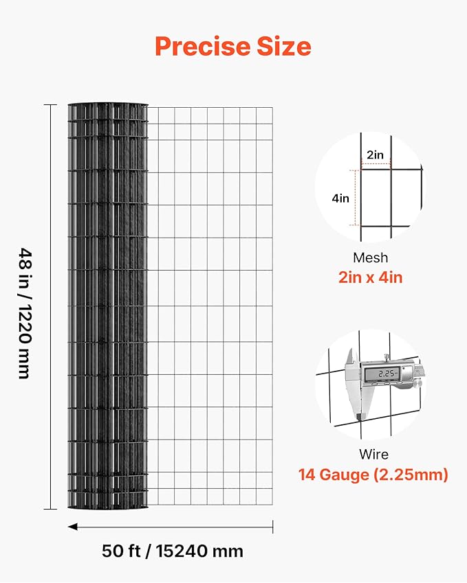 VEVOR Hardware Cloth, 48 in x 50 ft, 2 x 4 in Mesh 14 Gauge Galvanized Steel Wire Fencing for Cattle, Hog & Sheep, Heavy Duty Vinyl Coated Fence for Animal Enclosures, Cage Wire, Garden Fences