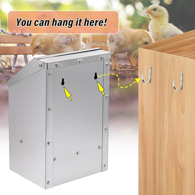 Wall Mounted Chicken Feeder Hanging Automatic Poultry Feeder with Lid Weatherproof Galvanized Steel Poultry Feeders Trough(10LB Capacity)
