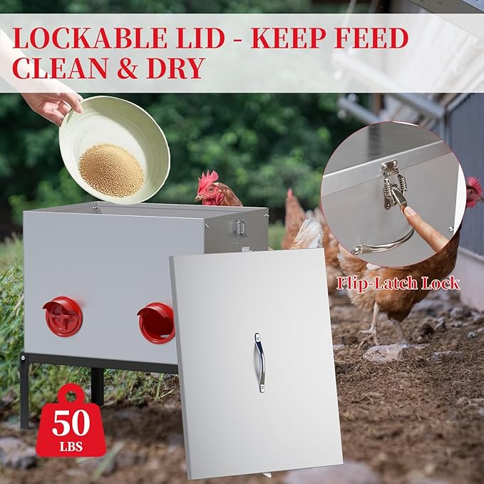 Automatic Chicken Feeder,50LBS 6 Port Large Chicken Feeder with Raise The Base Frame,Waterproof Galvanized Steel Poultry Feeder with Locking Lid for Chicken Coop