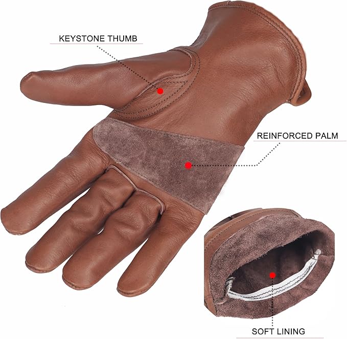 Retro Brown Cowhide Leather Work Gloves for Construction, Yardwork, Gardening with Reinforced Palm for Men & Women