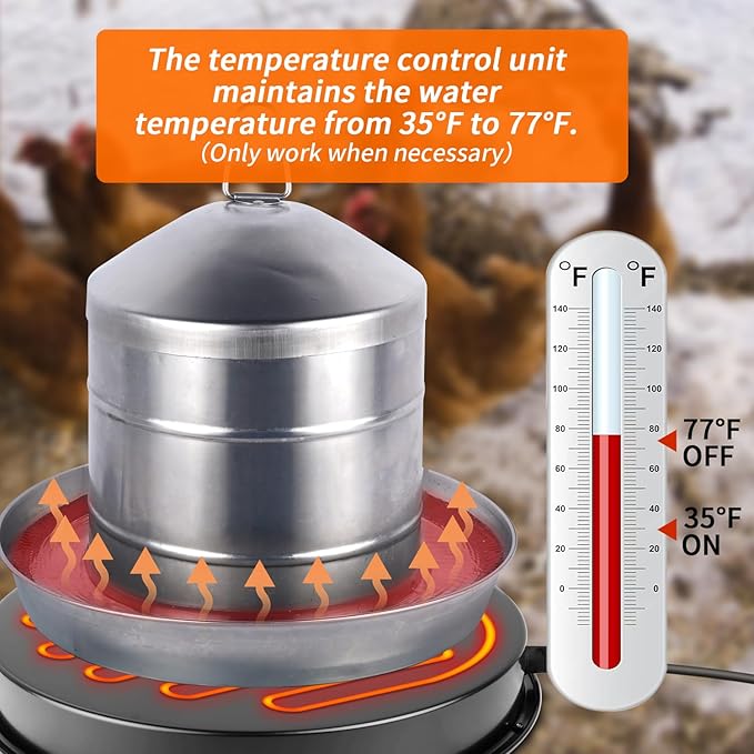 Chicken Water Heater for Winter, 110Watt Thermostat Heated Poultry Waterer Base with 9.8ft Power Cord,Suitable for Plastic/Metal Poultry Waterer (Black, 11INCH-2PACK)