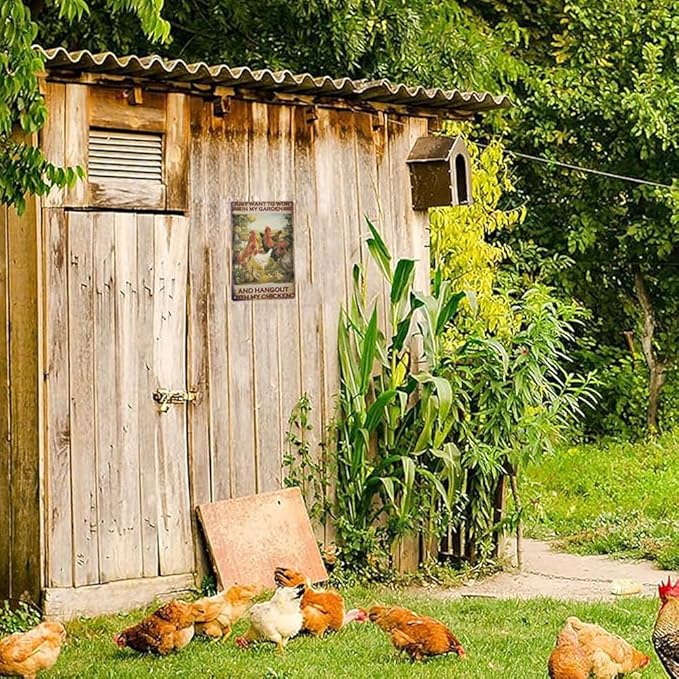 ERLOOD Just Want to Work in My Garden and Hang Out with My Chickens Farm Poster Vintage Metal Tin Sign Wall Plaque for Home Kitchen Bar Coffee Shop 12 X 8