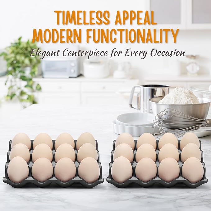 Flexzion 12 Cups Ceramic Egg Holder for Fridge - Dozen Ceramic Egg Tray Porcelain Container Storage Organizer Decorative Serving Stand Serveware for Refrigerator Countertop Display (Black, 2 Pack)