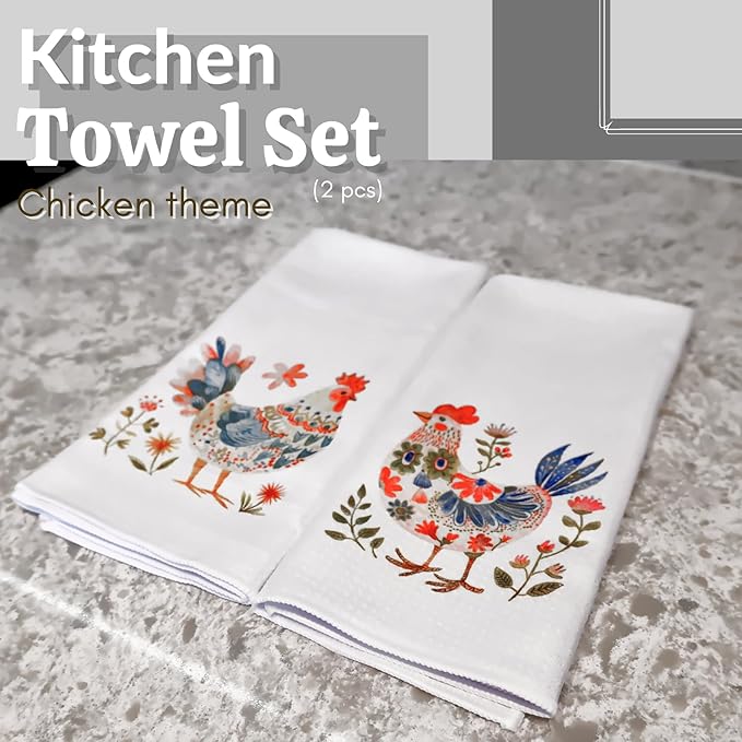 InnoBeta Chicken Gifts, Kitchen Towel 2 Pack with Funny Chicken Design, 16x24 in Microfiber Dish Tea Towel, Hand Towel, Chicken Farmhouse Decor Stuff Gifts for Chicken Lovers - White