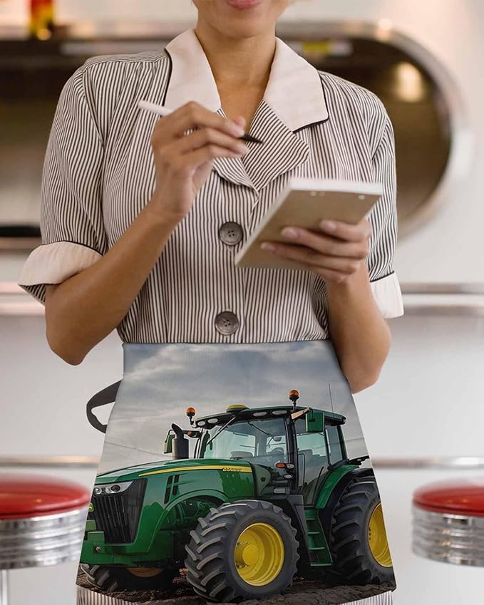 Farm Tractor Aprons for Women Men with 3 Pockets, Green Truck Country Rustic Field Harvester Waterproof Server Aprons Half Waitress Apron for Holiday