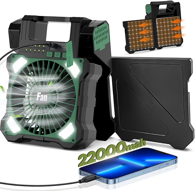 22000mAh Camping Solar Fan, Dual-Panel Rechargeable Solar Powered Fan with LED Light, 5 Adjustable Speeds Battery Powered Portable Fans, USB-C Fans for Travel Tent Home Camping Accessories