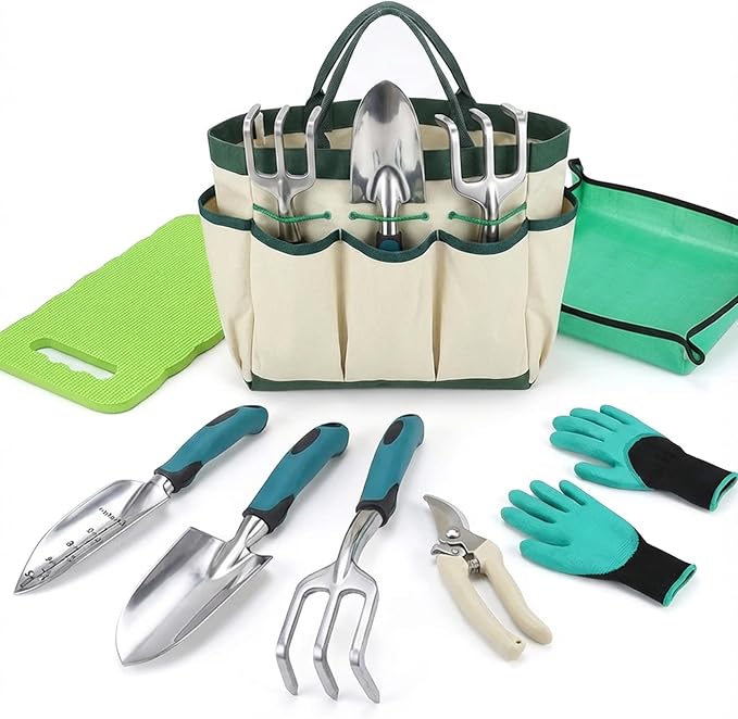 8-Piece Heavy-Duty Gardening Tools Set with Tote Bag - Rust-Proof Aluminum Gardening Hand Tools with Ergonomic Non-Slip Rubber Grips - Gardening Supplies Set Ideal Gift for Men & Women