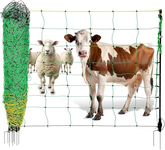 Solar Electric Fence for Poultry, 164'L x 35.4" H Electric Anti-Predator Poultry Fence, Electric Animals Netting, 14 Posts Double Spiked, for Goats, Sheep, Hogs, Farms, Ranches