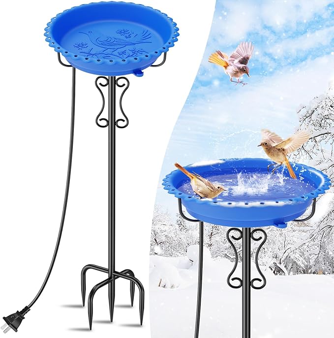 Heated Bird Bath for Outside Winter,100W Thermostat Control Birdbath Bowl with Metal 5-Prong Base,Freestanding Heated Bird Baths for Outdoors Garden Patio Yard Lawn (Blue)