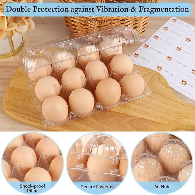 80 Packs Egg Cartons, Egg Cartons Cheap Bulk, Eggs 12 Count Clear Plastic Egg Containers for Chicken Farm, Reusable Egg Tray Holder for Refrigerator Storage, Family Market Camping with Sticker Labels