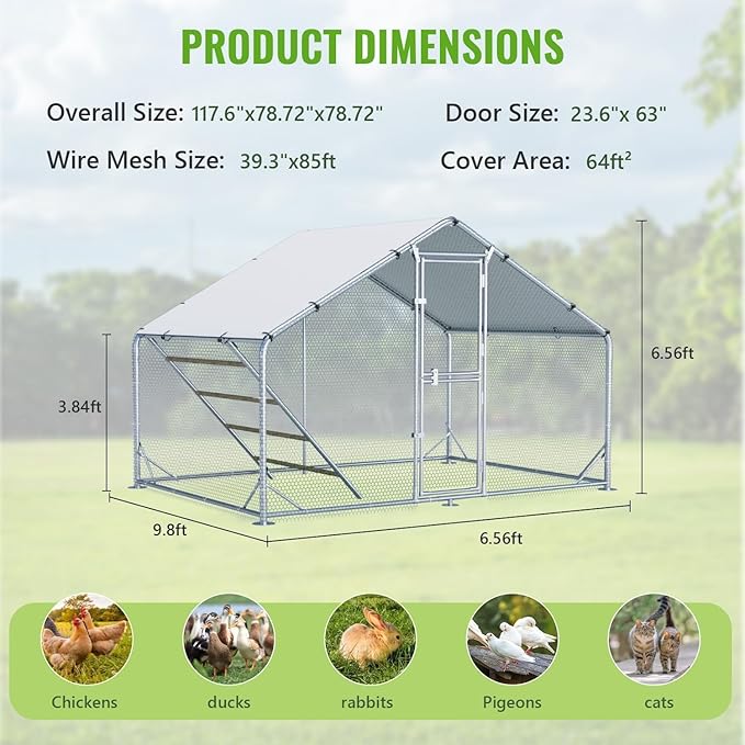 Large Walk-in Metal Chicken Coop, 10×6.5 FT Chicken Run with UV Cover, Split Feeding Door & Roosting Perch, for 6-10 Chickens