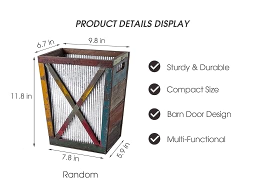 Small Wood Trash Can Wastebasket, Decorative Barn Door Garbage Can Waste Basket, Rustic Distressed Rectangular Trash Bin, Farmhouse Wooden Storage Basket Waste Paper Bin (Random)