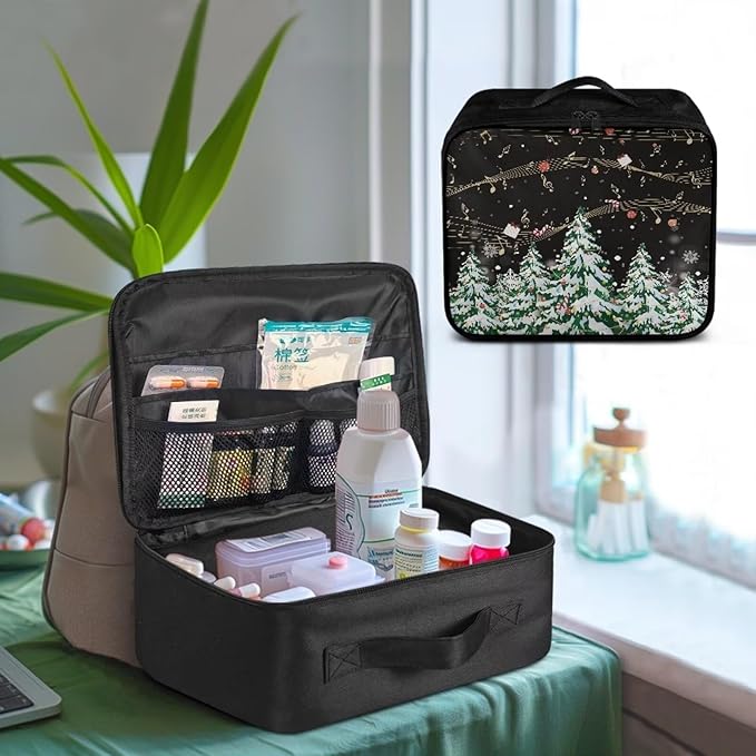 Rnyleeg Christmas First Aid Kit Travel Survival Medical Kit Portable Medicine Organizer Bag Compact Lightweight First Aid Bag Holiday Tree Musical Note Pattern