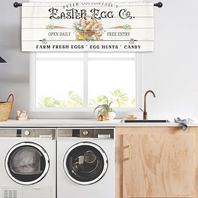 Miyotaa Rustic Easter Eggs Spring Kitchen Curtain Valance 54W x 18H Rod Pocket Farmhouse Rabbit Bunny Carrot Window Treatment for Living Room Bedroom Bathroom