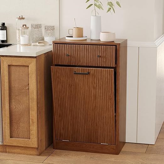 Single 10 Gallon Wood Grain Tilt-Down Trash Can Cabinet with Storage Drawer,Wood Grooved Recycling Cabinet with Wave Texture Hidden Pull-Out Trash Can for Kitchen,Bathroom (Trash Can Cabinet-Walnut)