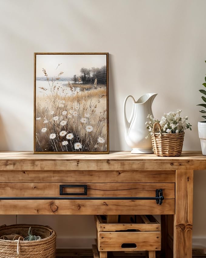 InSimSea Framed Canvas Wall Art for Living Room Landscape Wall Decor Meadow with Flowers Vintage Paintings Classical Wildflower Field Scene Boho Floral Pictures Decor for Bathroom Bedroom 12x16in