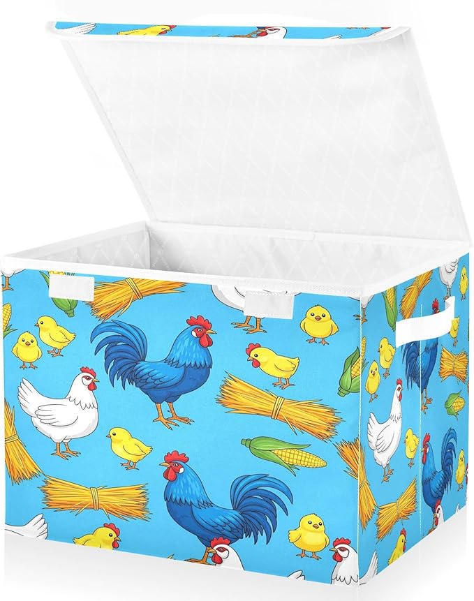 Chicken Rooster Chick Storage Bins with LidsCorn Hay Farm Blue Foldable Storage Basket with Handles Collapsible Large Fabric Organizer Containers for Clothes Shelves Closet Office Home