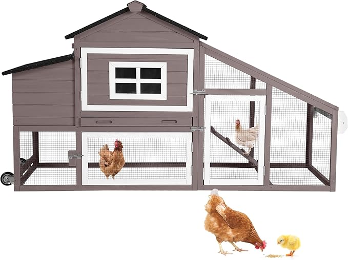 Chicken Coop for 4 Chickens, Mobile Chicken House with with Wheels, Outdoor Hen House Poultry Cage with Nesting Box, Leakproof Pull Out Tray and UV-Resistant Roof (67.3" L x 29" W x 39.4" H-B)
