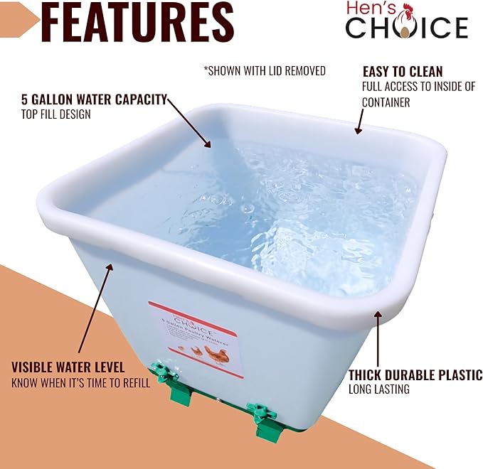 Hen's Choice 5 Gallon Chicken Waterer with 8 Drinker Nipples, Anti-Roost Lid, Top Fill Design, Heavy Duty Legs