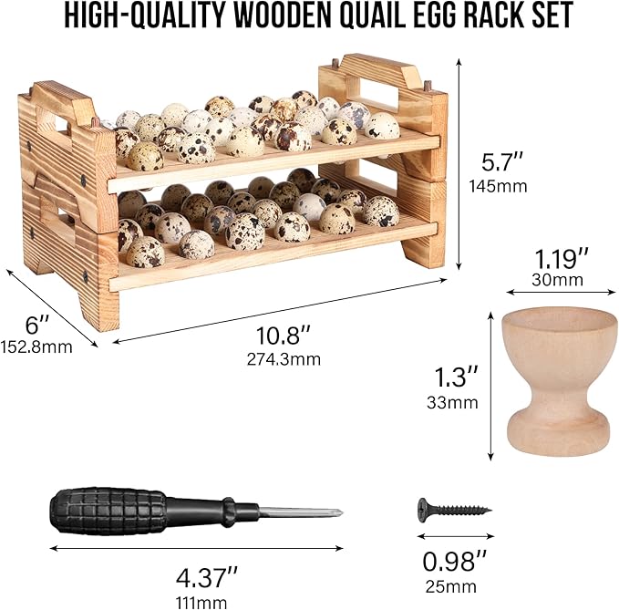 Stackable Wooden Quail Egg Holder Countertop-Expandable Storage Rack with 4 Bonus Egg Cups | Solid Wood Tray with Secure Interlocking Dowels for 48 Fresh Quail & Pigeon Eggs (Single or Multi-Tier Use)