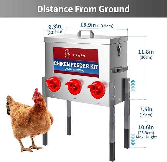 RYFT Chicken Feeder Box 30 Lbs-6 Feeding Port, Galvanized Metal No - Waste Poultry Feeder with Adjustable Legs & Locking Lid