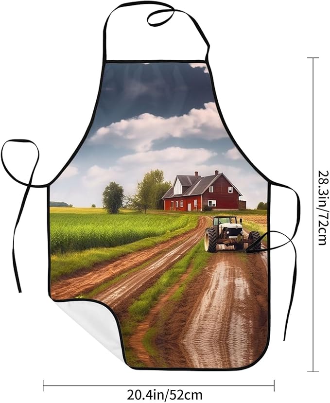 Kitchen Apron For Women Men Waterproof Heat Insulation Cooking Aprons Country Road With Farm And Tractor Bib Apron With Large Pockets For Chefs, Bbq, Baking, Gardening, Salon