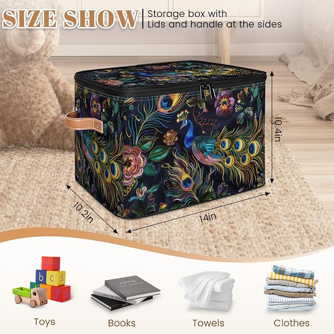 Peacock Animal Bird Feathers Storage Bins With Lids Fabric Collapsible Storage Box with Leather Handles for Home Bedroom Foldable Closet Shelf Organizer