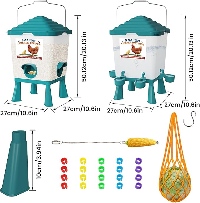 Chicken Feeder and Waterer Set, 5 Gallon Automatic Chicken Waterer with Cups, 40LB Large Chickens Feeders No Waste, Chicken Coop Accessories, Poultry Feeder & Chicken Watering System for Ducks, Quails
