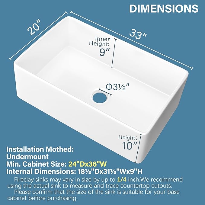 White Farmhouse Sink 33 x 20 Inch, Large Firecaly Apron Front Undermount Farm Sink Heavy Duty Deep Single Bowl, with Custom Accessories 2 Types, Pure White, for Kitchen