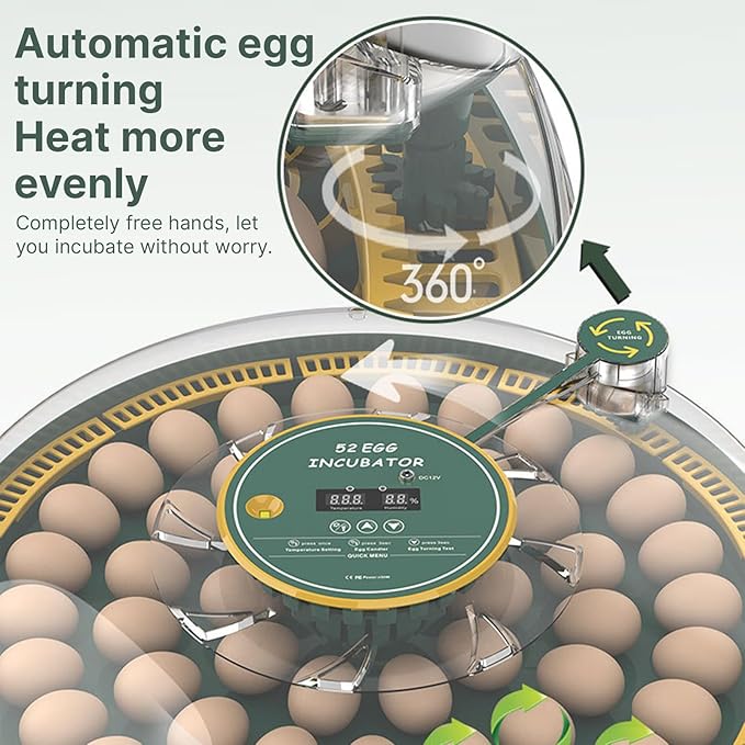 Automatic Egg Incubator for 52 Eggs with Egg Turner & Candler Light - Poultry Hatcher for Chicken Duck Pigeon Bird, External Water Bottle, 60W Household Hatching Machine (19.68 x 3.54 Inch)