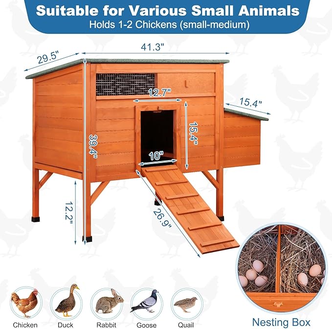 Outdoor Chicken Coop Weatherproof Wooden Hen House Small Animal Pet Hutch with Asphalt Roof Elevated Legs Removable PVC Layer Above Nest Box Pull-Out Tray