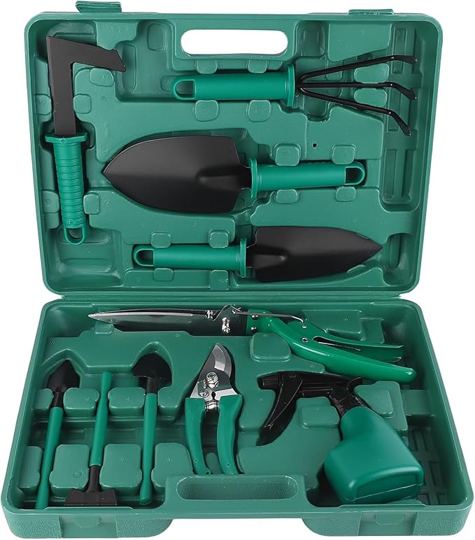 Garden Tools Set 10 Piece - Garden Hand Tool with Ergonomic & Durable Garden Tools Organizer Box, Gardening Kit Gifts for Women, Men, Family