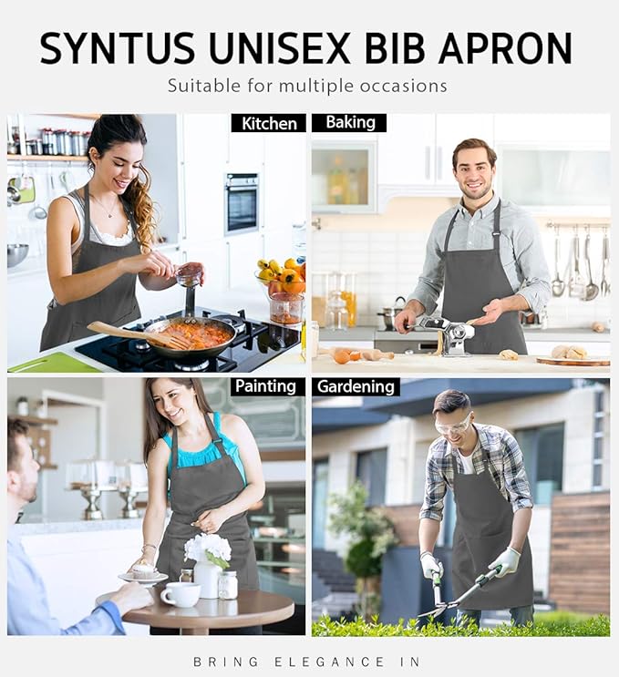 Syntus Adjustable Bib Apron with 2 Pockets Cooking Kitchen Aprons for Women Men Chef
