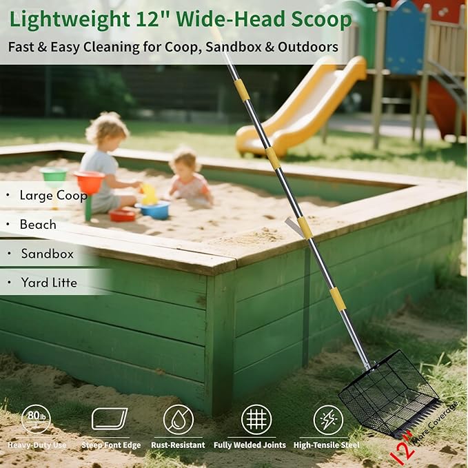 Chicken Coop Poop Scooper Rake for Sand - Lightweight Metal Cleaning Tool,Adjustable 24"-65" Handle, 12" Wide Sifter Shovel for Chicken Run,Litter Box,Dog Yard, Rabbit Hutch,Kids Sandboxes