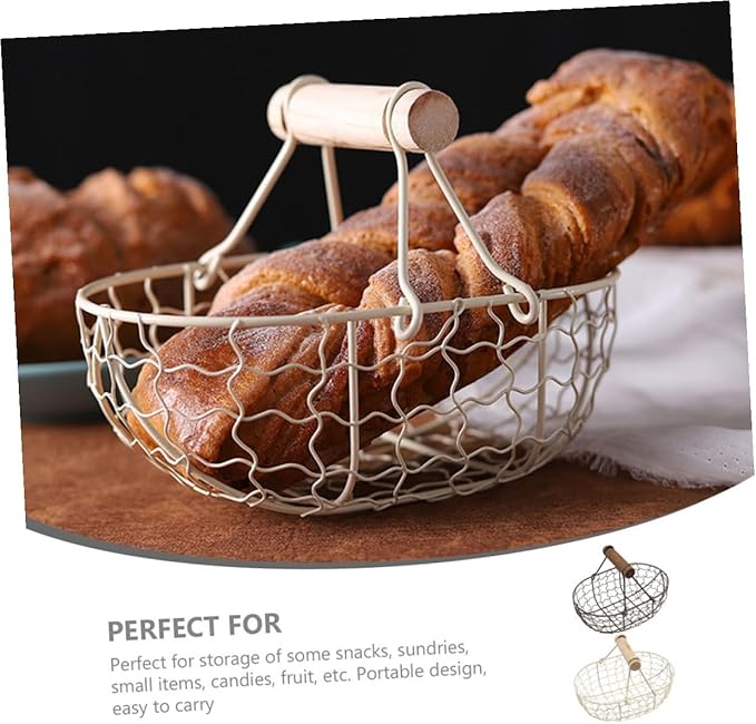 SUPVOX 2pcs Vintage Rustic Iron Wire Fruit Basket with Wooden Handle, Egg and Bread Storage Set for Kitchen Counter, Decorative Farmhouse Style Small Wire Baskets in Dark Gray and Cream