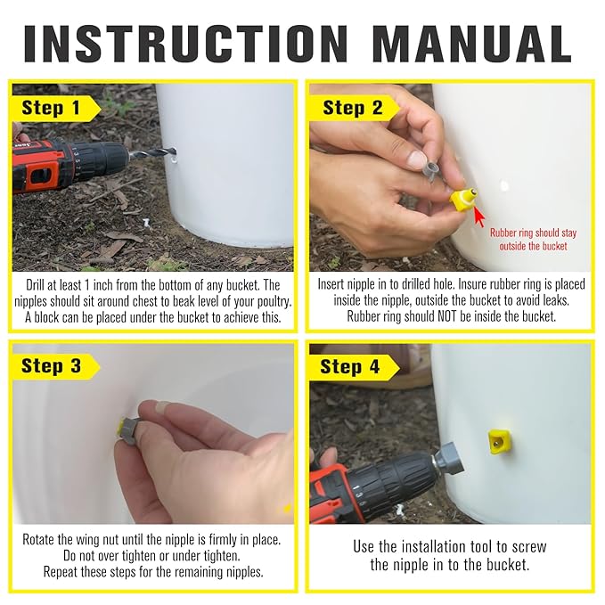 Chicken Waterer Nipples, Horizontal Side Mount, Anti-Leak Automatic Water System for Poultry, Suitable for Chickens, Duck, Quail, Pack of 12, Includes Drill Bit & Installation Tool